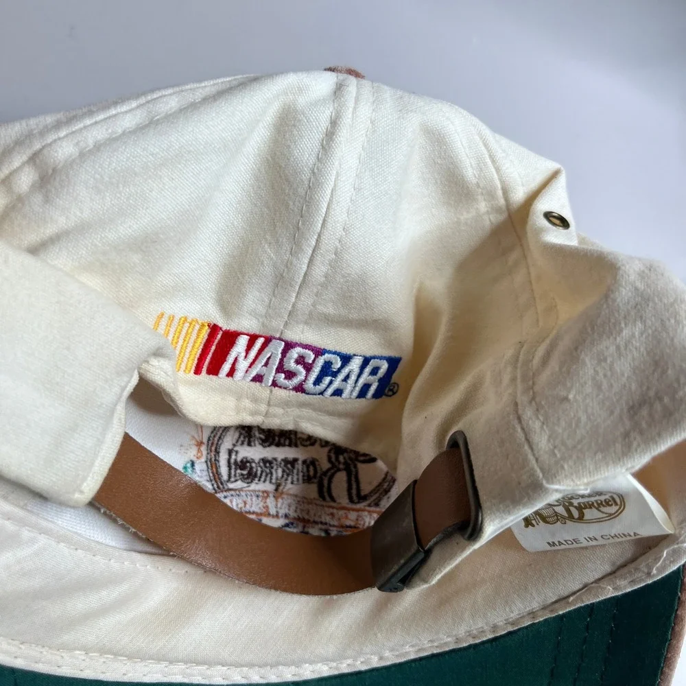 Vintage‎ NASCAR Cracker Barrel 500 Hat Cream Tan Suede Brim Leather Strap Cap